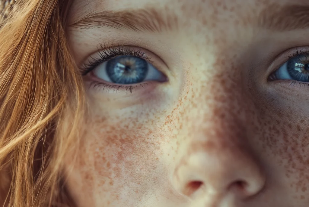 Regard jeune fille rousse aux yeux bleu